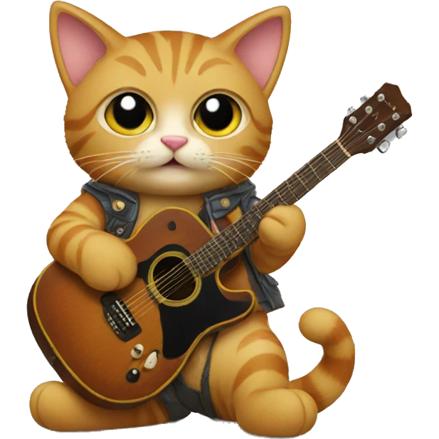 A cat in boots with a guitar emoji
