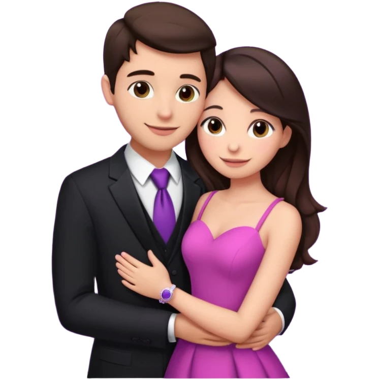 Brunette girl, with an engagement ring on her finger hugging a handsome man, (her boyfriend) both of them happy, she’s wearing a pink dress, he is wearing a black suit, he’s also a rich businessman, and there is the 💜 purple heart emoji on top. They look in love with each other.  emoji