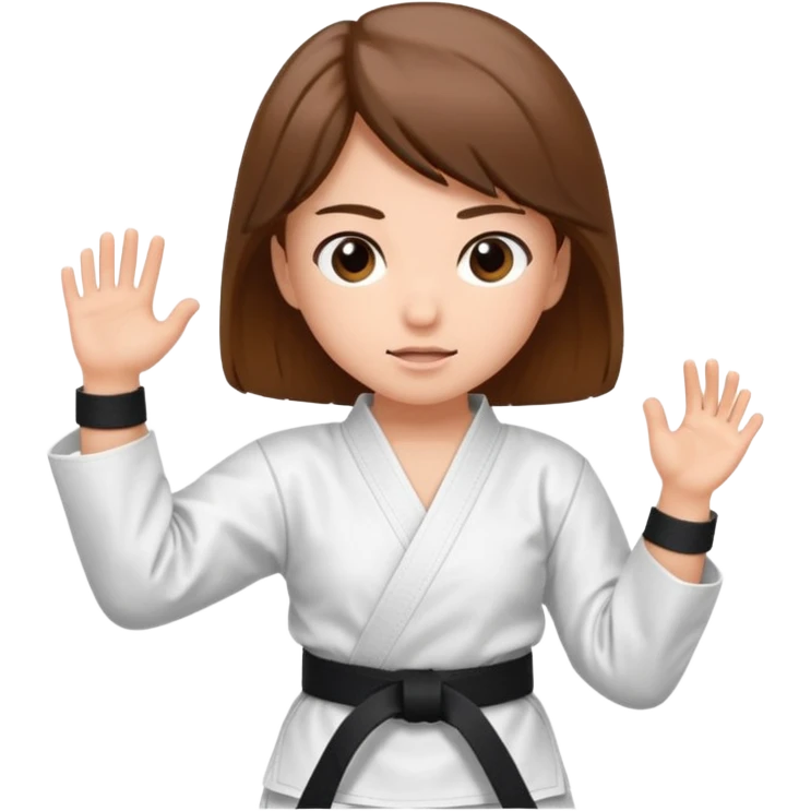 Ragazza castana che pratica karate, ha la cintura nera ed io tradizionale kimono bianco del karate, tira un calcio laterale oppure un pugno oppure è in posizione di guardia emoji