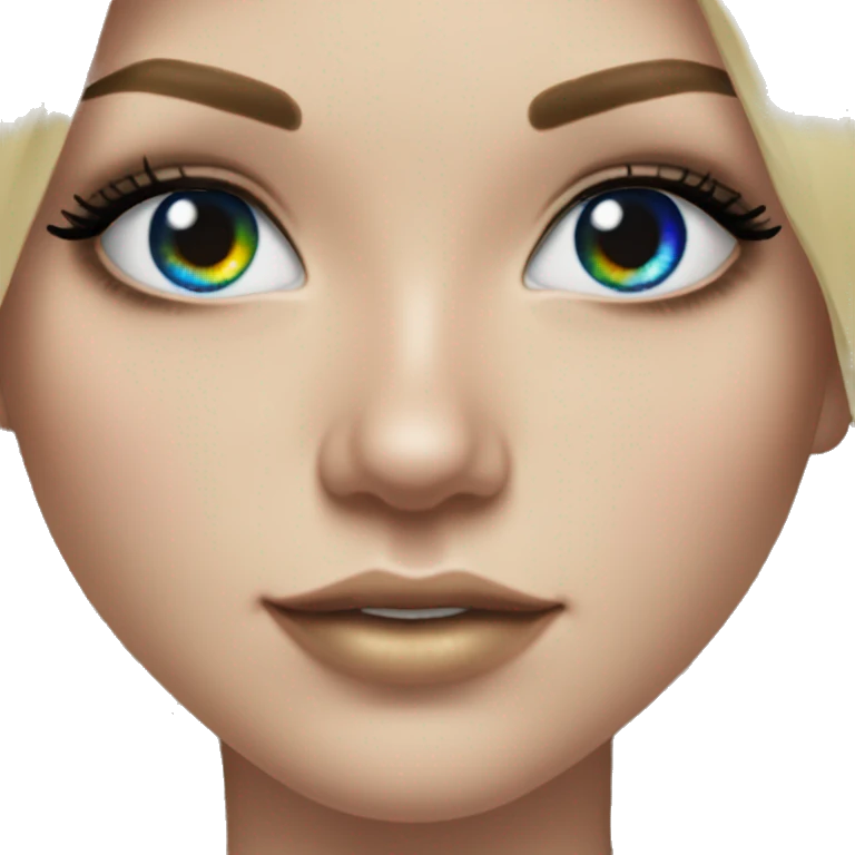 Hyperrealistic pretty white girl with blue eyes and long black hair with rainbow fringe. Wearing gold chain necklace has long eyelashes. emoji