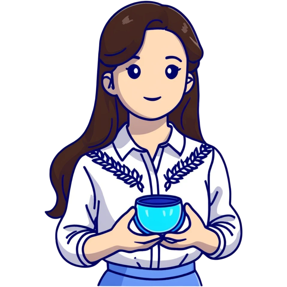 Ukrainian young girl with long brown hair in a white traditional embroidered shirt, cupping a small glowing blue light in her hands representing her soul emoji