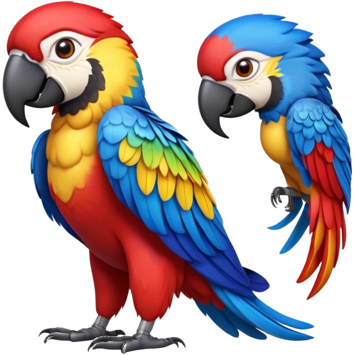 cinematic-macaw-realistic-full-body-standing-emoji,-vibrant-feathers-glowing-with-rich-reds,-blues,-and-yellows,-head-tilted-dramatically,-curved white-beak-gleaming,-piercing-dark-eyes-exuding-confidence,-simplified-yet-realistic-focused emoji