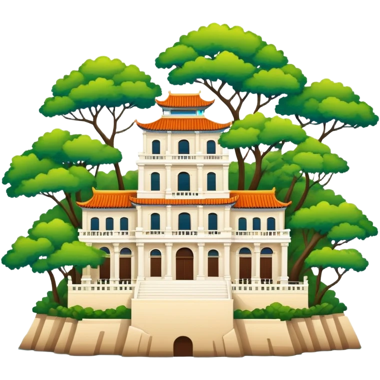 Xiamen Gulangyu Island with shady trees and colonial buildings, simplified emoji style with bold outlines and bright colors, cartoon style island with piano shape emoji