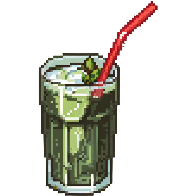 Glass of sugarcane juice with ice cubes, pale green liquid, and a straw emoji