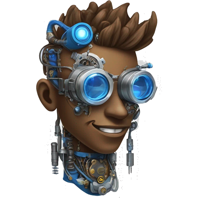 Brown cyborg head with blue Mohawk, blue beard, silver steampunk monocle goggles a smile and circuits emoji