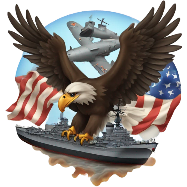 A traditional American tattoo of an flying eagle with a world war 2 battleship  emoji