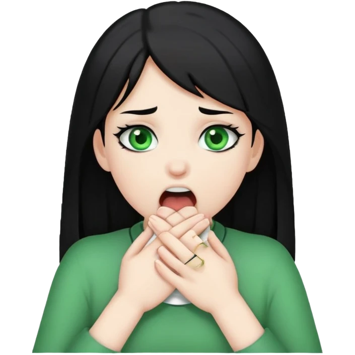 A girl with black hair and white skin and green eyes with her hands on her throat like a x emoji