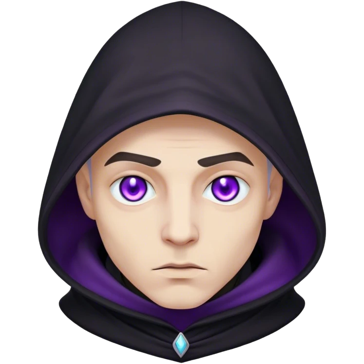 A pale sorcerer in a flowing black hood, his eerie violet eyes locked onto the viewer emoji