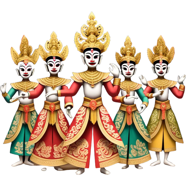 ​Cinematic Realistic Wayang Golek Ayun-ayun Dancers, depicted as intricately carved traditional wooden puppets in dynamic dance poses, adorned with vibrant painted details and expressive features, set against a softly lit stage that evokes centuries of Indonesian cultural heritage, rendered with lifelike textures and dramatic atmospheric lighting, emoji