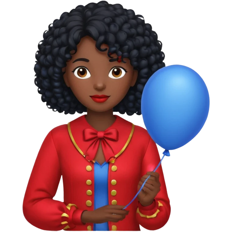 woman with curly black hair and dark face red costume, holding blue balloon emoji