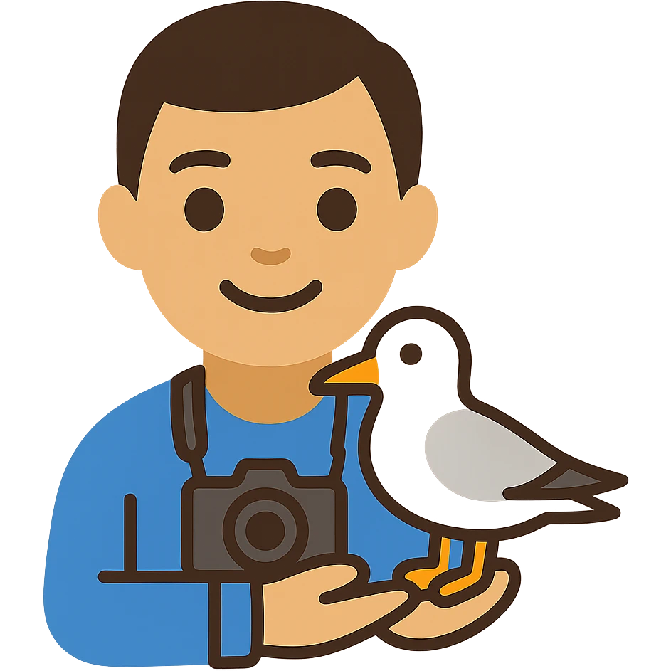 Minimalist emoji-style illustration of a smiling photographer holding a seagull in their hands and a camera around the neck. Simplified, clean lines, vibrant colors, small size emoji
