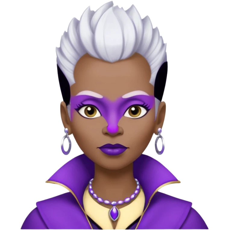 57yr old Qeen black woman with a long shaped face with white colored  natural hair mohawk style haircut adorning purple royalty clothing and purle lipstick, pointed shaped eyebrows, with a nose studs on each nostril  emoji