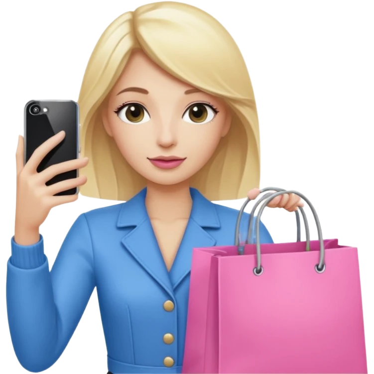 Blond influencer taking selfie with an iphone with one hand and a pink shopping bag in the other hand emoji