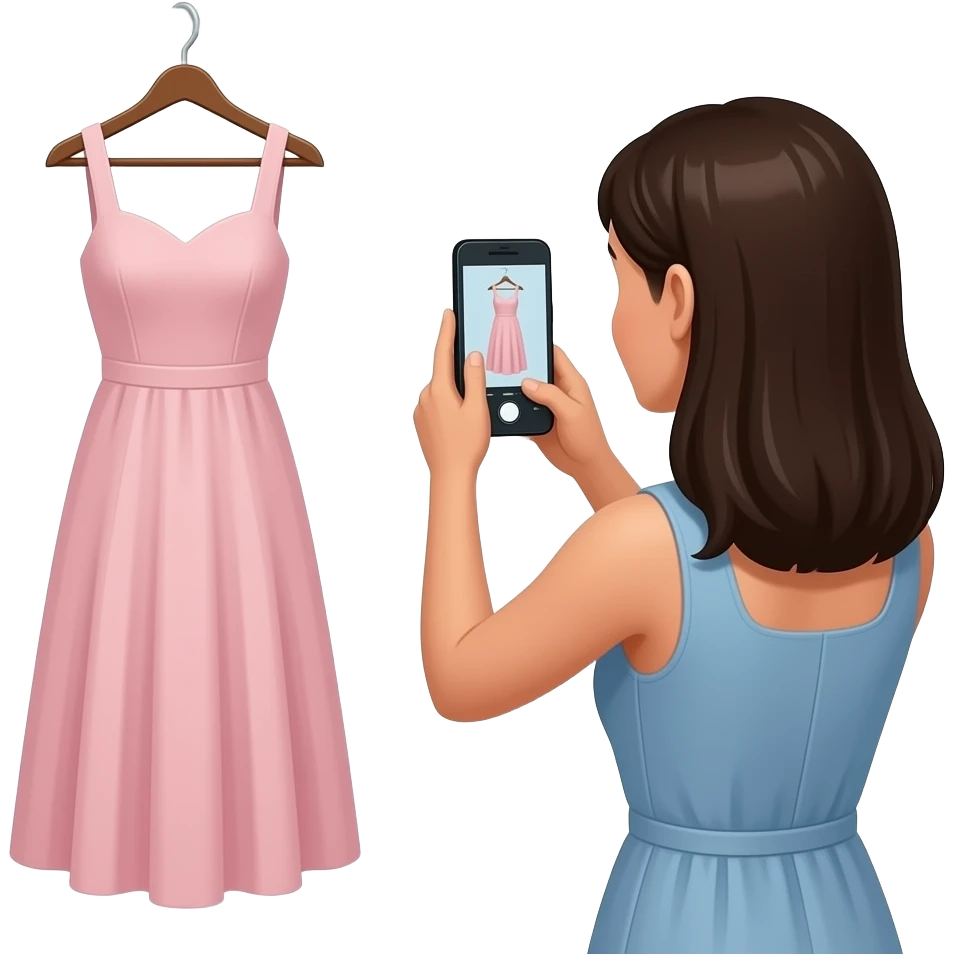 a black hair women taking photo to a hanging dress emoji
