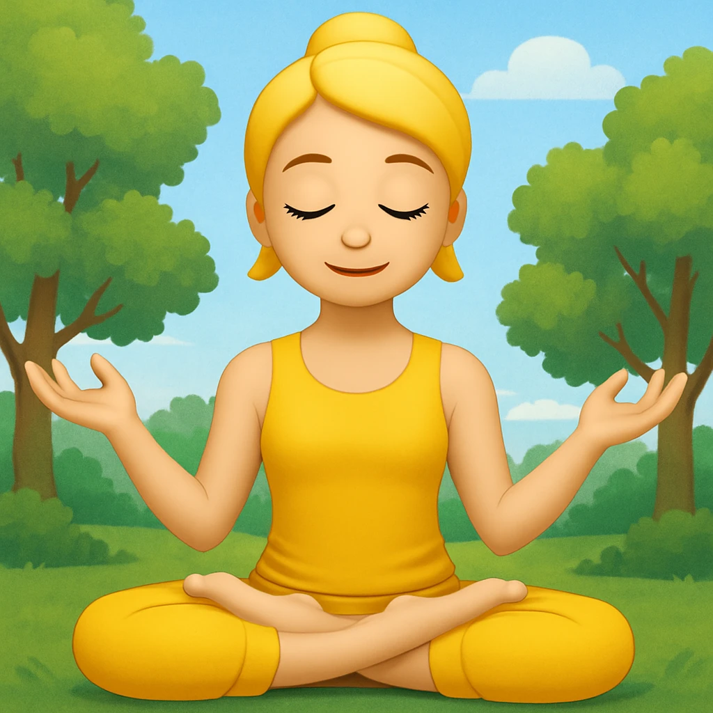 Add a peaceful nature background with trees and sky behind the meditating emoji, keep the classic emoji style emoji
