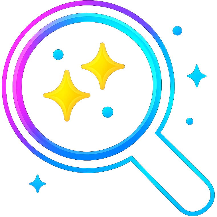 animated search icon with dark purple, blue, and black base, bright accents, complex gradients, stars, bright neon border, modern clean magnifying glass symbol, subtle glowing and moving stars neon effects, sophisticated futuristic style emoji
