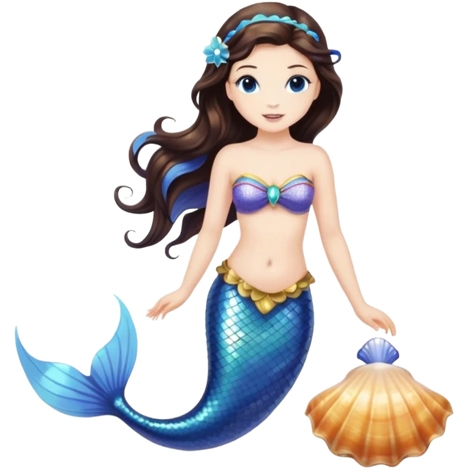 Brunette mermaid with blue tail and mermaid accessories. Holding seashell emoji