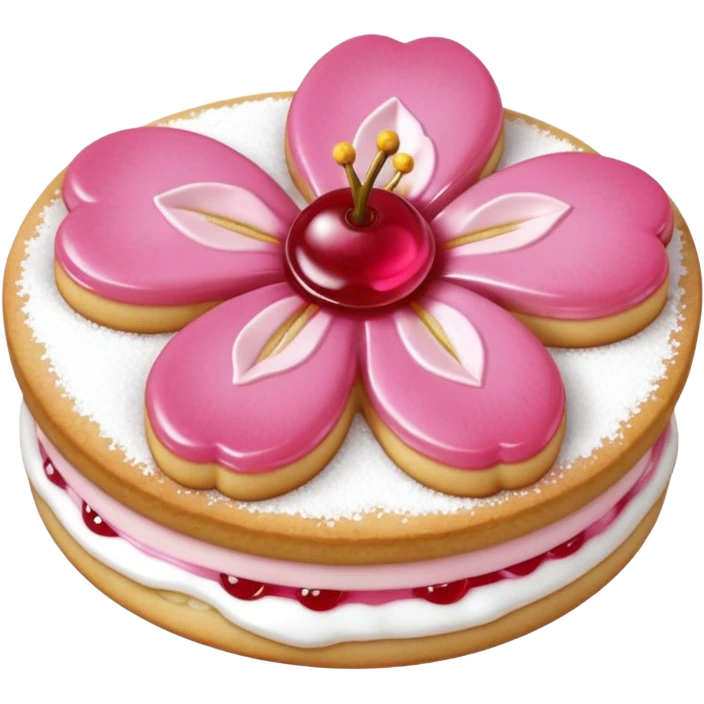Realistic shortbread cookie in the shape of a cherry blossom with pale pink color jelly middle filling and sprinkled powder sugar on top. emoji