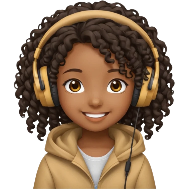 chibi anime black girl long curly hair smiling with head phones on emoji