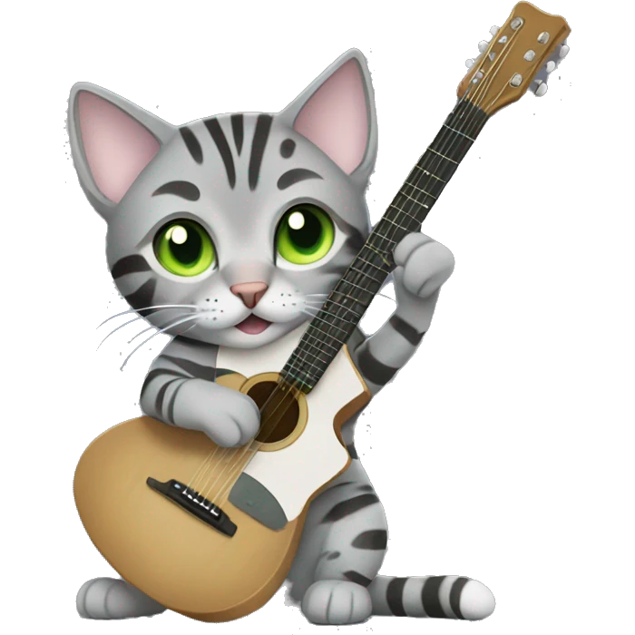 Grey bengal cat with light green eyes playing a guitar emoji