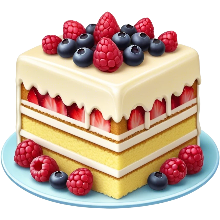 Cinematic luxurious slice of cake, delicate layers of moist sponge and rich frosting, beautifully decorated with fresh berries and a glossy glaze, soft glowing light, elegant and indulgent. emoji