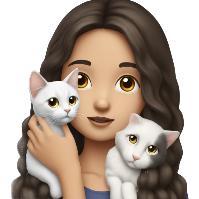 brunette girl holding white cat with heterochromia ￼ emoji