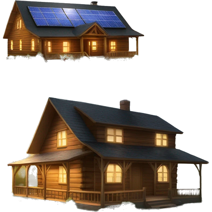 Very big Wood Cabin near tree, 5 stories tall solar, grass fields,porch lights on  emoji