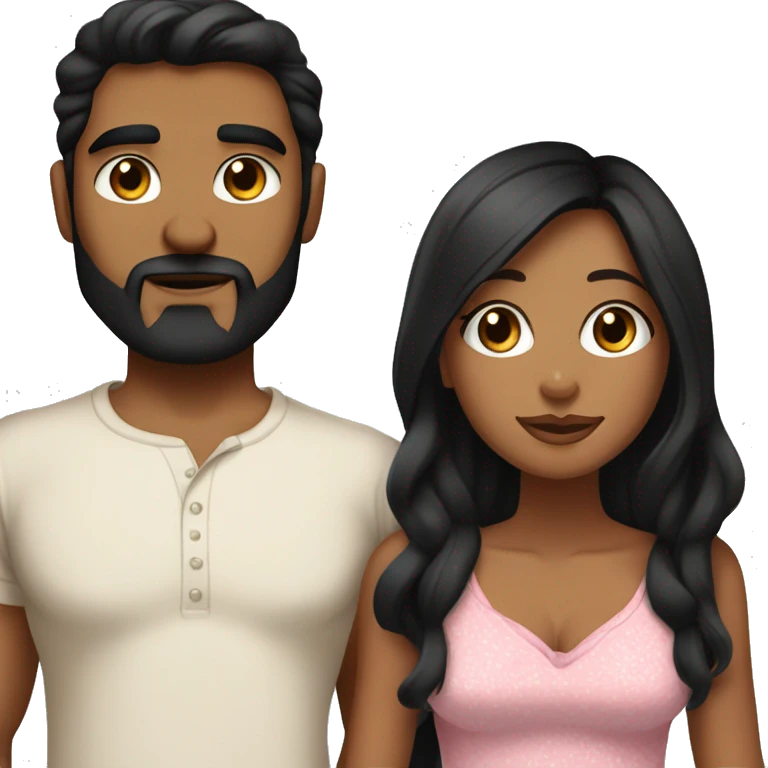 Medium skinned toned short bearded man with black hair kissing medium skin toned girl with black long hair wearing pajamas emoji