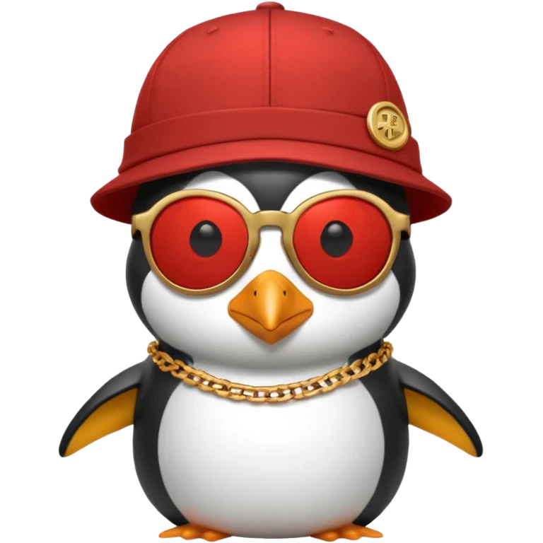 Mike D from Beastie Boys with dark sun glasses and large penguin medallion on gold chain and Red Hat with Mike D printed on hat emoji
