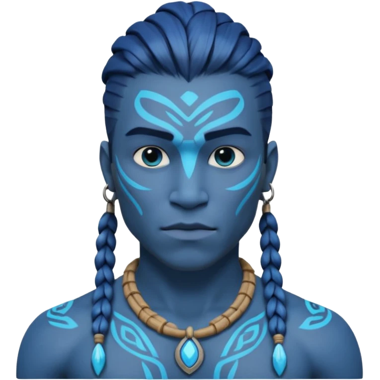 avatar-style Na’vi male portrait, head and shoulders only, blue skin, bioluminescent markings, strong face features, braided hair, tribal necklace, heroic expression, 3D cartoon, mobile game icon style, clean background, no text, no watermark
 emoji