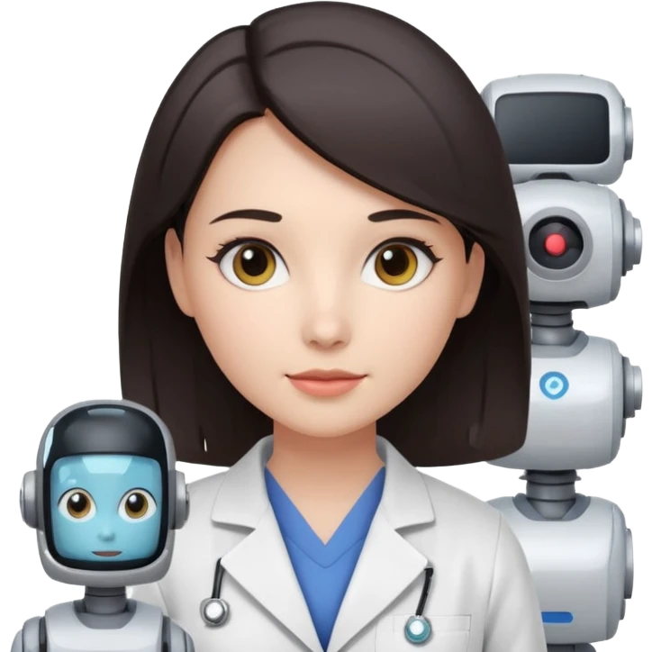 female AI robotics engineer with dark hair, and mobile robot near emoji