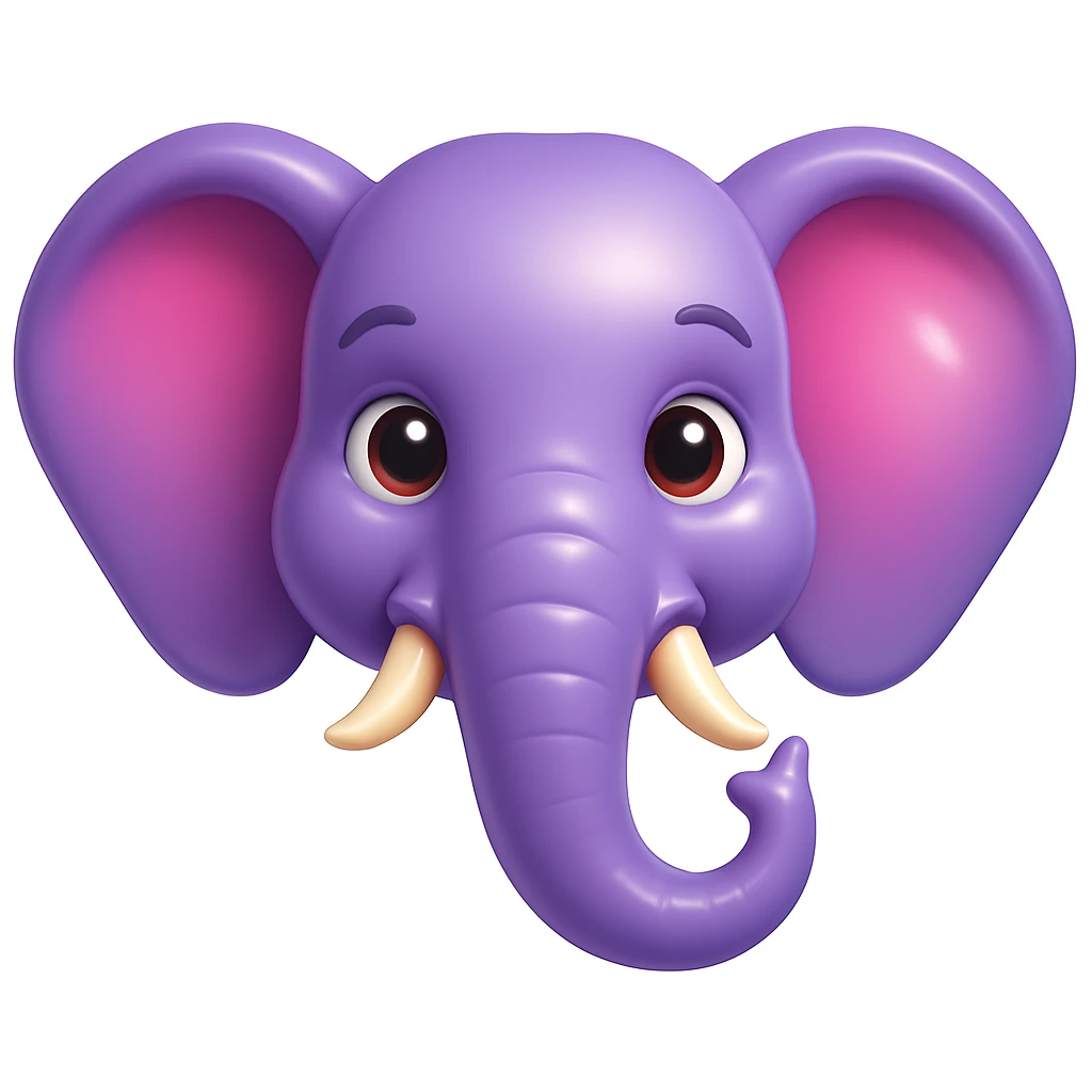 Create an emoji that looks exactly like the reference image, in iOS emoji style. 3D, shiny, smooth gradients, soft shadows, purple elephant head, classic emoji look. Add a glossy effect to the skin. emoji