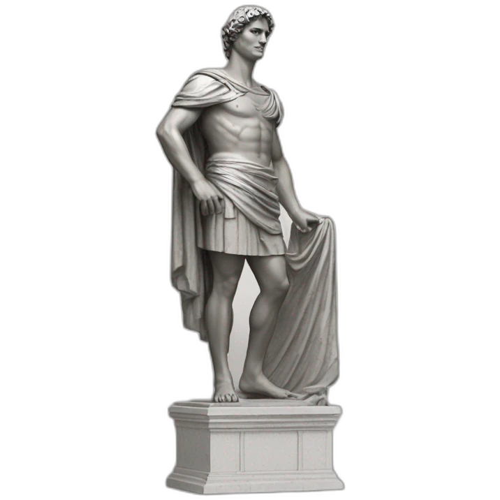 Grande estátua de um Homem romano sem roupa. Há destaque para sua v-line na cintura e seu bico do peito enorme. Pau grande. emoji