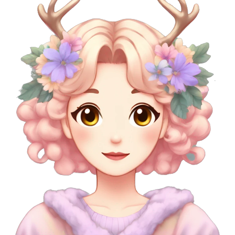 Gorgeous Shiny Colorful Pastel Anime Style Mature Lady with blushing face and pretty hair with a flower crown and antlers pastelcore kawaii cottagecore aesthetic trending style emoji