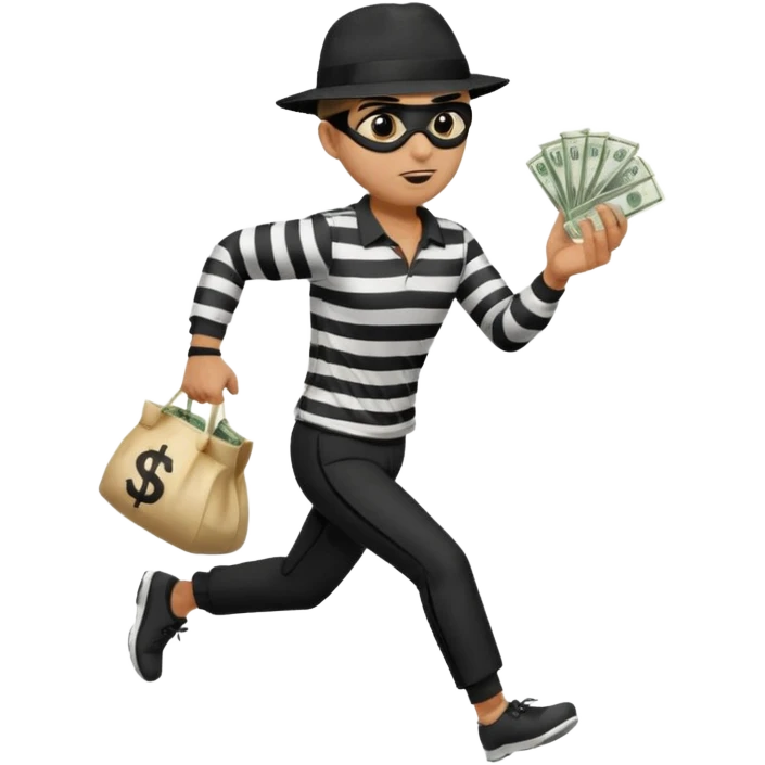 Make a man wear a black pant and he shirt is balck line and white line and wear a black hat and he holding a money bag and he running he wear a black eye thing emoji