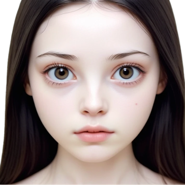 girl with white skin, dark brown long realistic straight hair with middle part prominently falling in front of her body over her shoulders, natural lips with absolutely no cupid's bow and no lip gloss or makeup, big round eyes with very black shiny eyeballs and natural eyelashes, no makeup whatsoever on face, no blush, no eyeshadow, completely bare face, lighter button nose, exceptionally elongated very long oval-shaped face, wearing a pink off-shoulder top, looking directly at camera with hands down at sides emoji