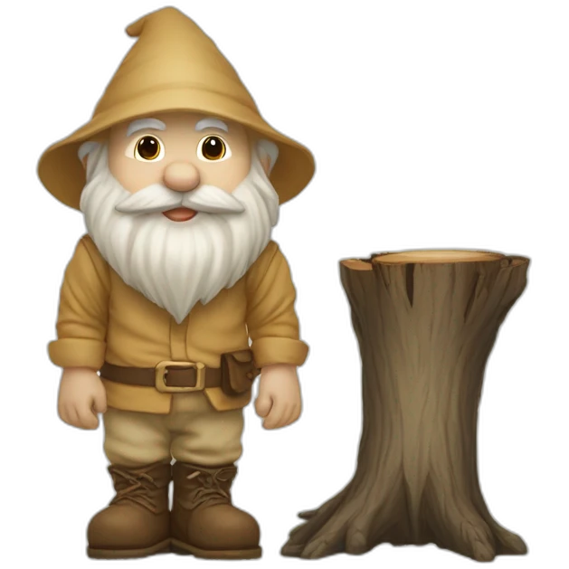 side view of gnome with light tan pants and light tan boots squatting above small brown log emoji