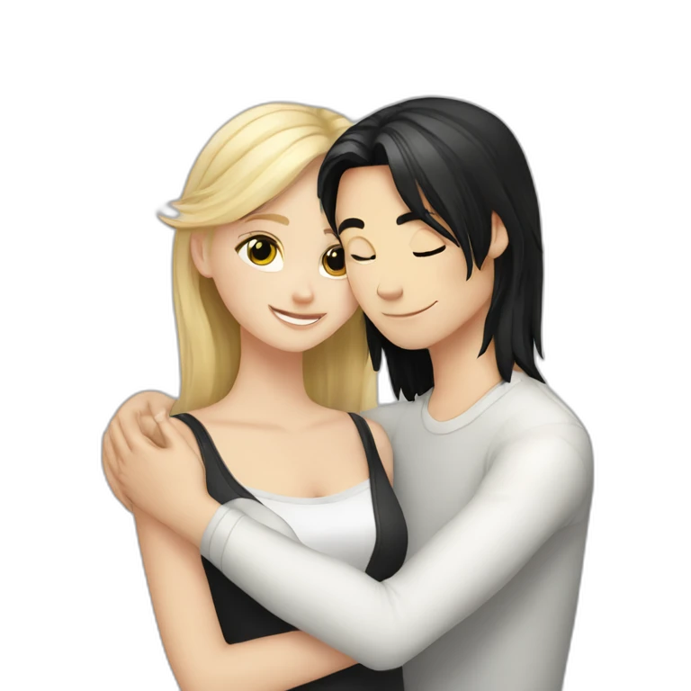 blond white girl hug white boy with black hair and white and grey cat an emoji