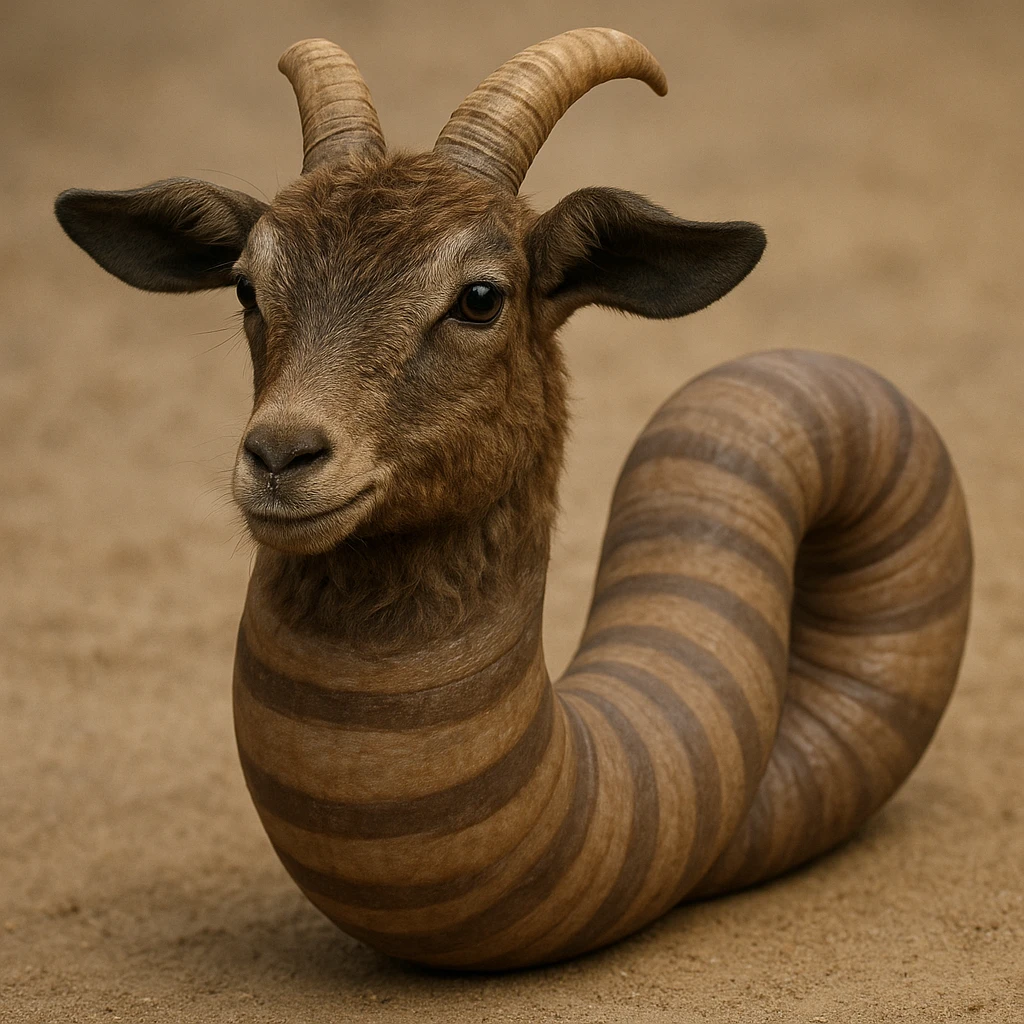 Make this goat-worm hybrid more realistic with a natural goat face and ears, smooth worm body with realistic skin texture, and naturalistic colors. Render in photorealistic style with no cartoon features. emoji
