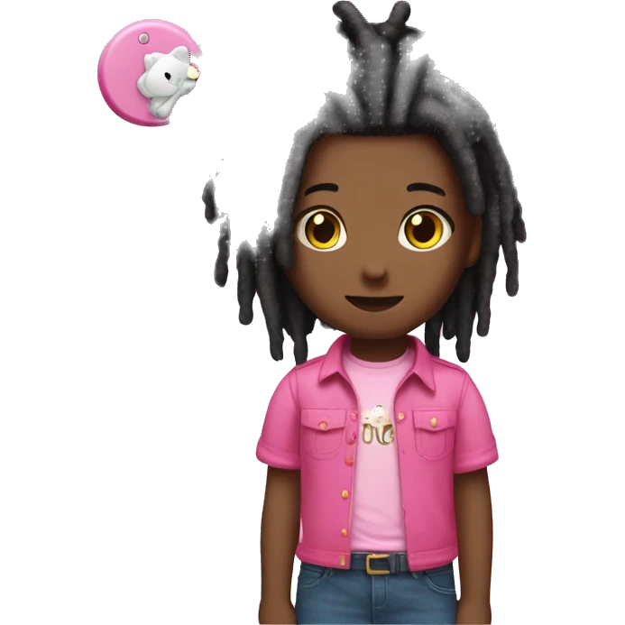 Black, dreads with pink shirt and pink accessories with hello kitty emoji
