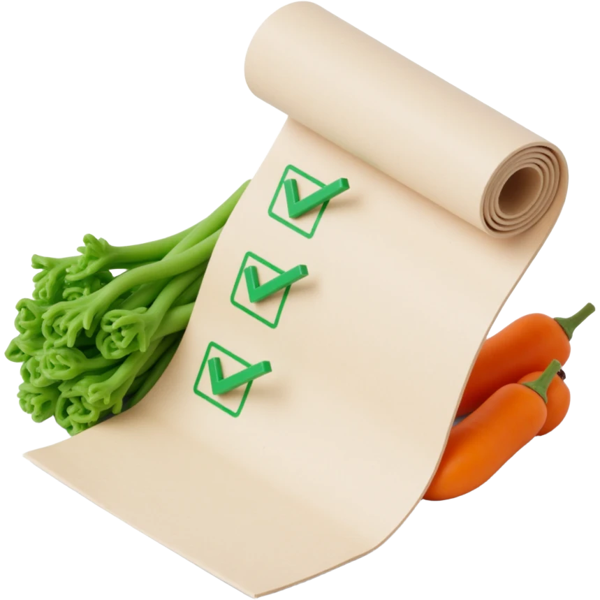 floating rolled paper list with green checkboxes and around vegetables emoji