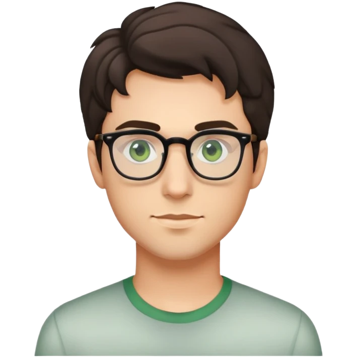 young man with dark slightly curled hair wearing glasses with green eyes and very light stubble, minimal facial hair emoji