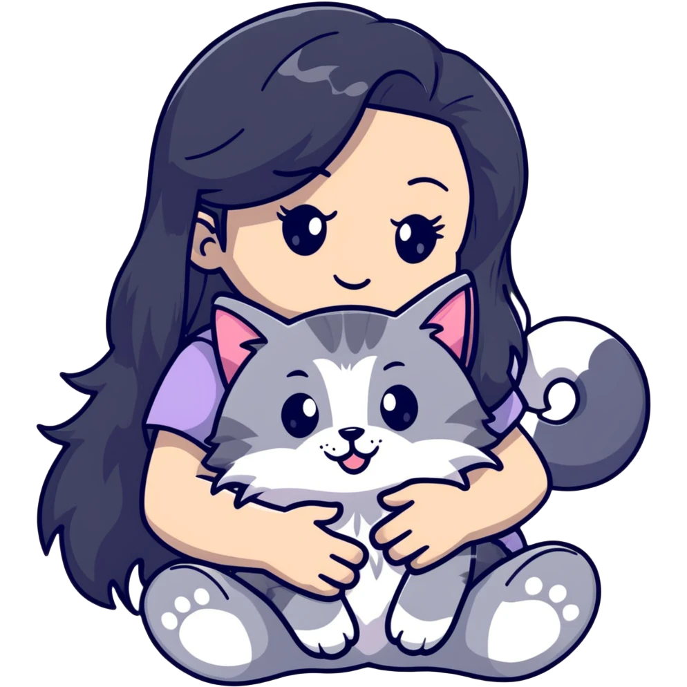 Girl with long black hair hugging a gray fluffy plush toy and a tricolor Maine Coon cat emoji