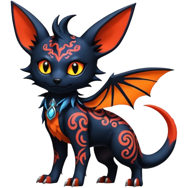 Shiny Fiery Dark Ugly Evil Realistic Glowing Eldritch Horror Cool Edgy Badass Emo Demonic Batty Dusky Punky Aural Bioluminescent Sexy Handsome Canine-Litten-Amaura-Salandit-Noibat-Flareon-Fakémon-Digimon-fusion (full body) with intricate pattern markings emoji