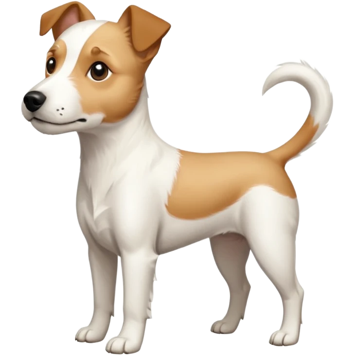 a full body buff white parson russell terrier looking dog the size of a kelpie with light brown long ears and a light brown patch on one eye and a large snout. the rest of the dog is completely white. forward facing emoji