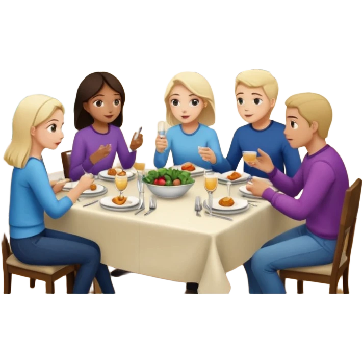 group at dinner table with a girl on sofa talking in a home emoji