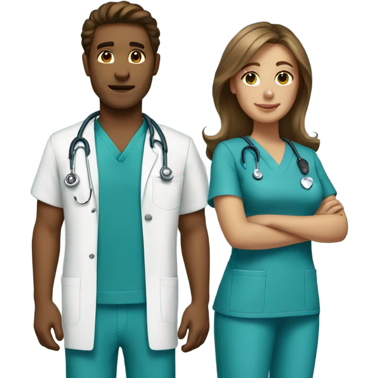 Couple wearing scrubs brown hair emoji