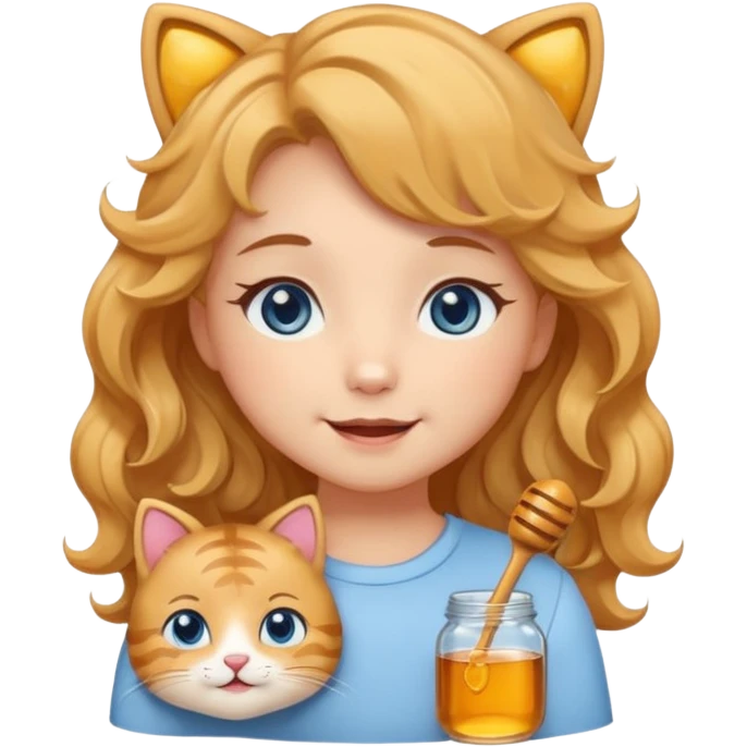 Создай яркий мультяшный телеграм‑стикер‑пак в духе Lady Cat: динамичный, кавайный и с милыми эмоциями ￼ ￼. Персонаж — молодая девушка с медовыми волнистыми волосами, серо‑голубыми глазами и нежной улыбкой; каждый стикер передаёт разные чувства, сохраняя романтичность и игривость. emoji