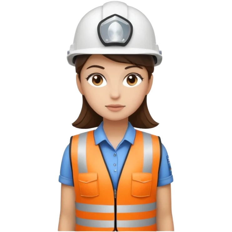 Brunette brown Girl full body standing with her white security helmet and security vest on emoji