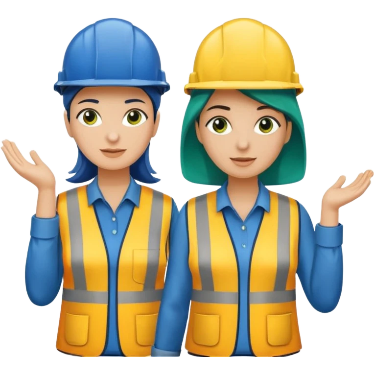 Um homem e uma mulher amarelos com capacete de obras ambos azul escuro e camisa social cinza com faixas refletivas verdes nos braços, Um deles deve estar segurando um megafone emoji